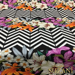 Zigzag Üzeri Turuncu Mor Çiçekli Tropikal Kumaş