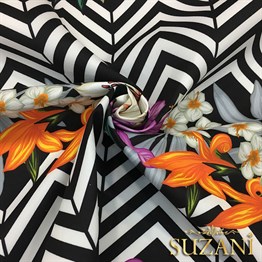 Zigzag Üzeri Turuncu Mor Çiçekli Tropikal Kumaş
