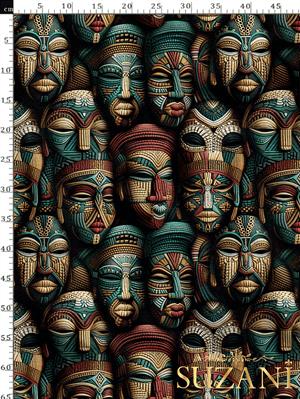 Afrika Kabile Maske Desenli Dijital Baskılı Kumaş