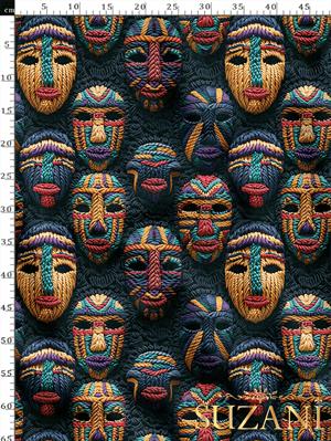 Afrika Maske Desenli Dijital Baskılı Kumaş