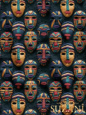 Afrika Maske Desenli Dijital Baskılı Kumaş