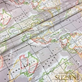 Bej Zemin Dünya Haritası Kumaş