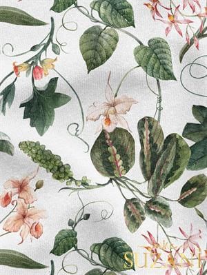 Beyaz Botanik Desenli Dijital Baskılı Kumaş