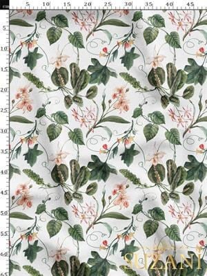 Beyaz Botanik Desenli Dijital Baskılı Kumaş