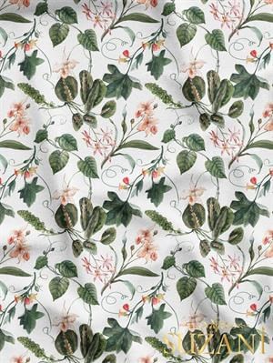 Beyaz Botanik Desenli Dijital Baskılı Kumaş