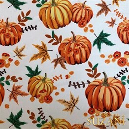 Beyaz Zemin Balkabağı Desenli Dijital Baskılı Kumaş