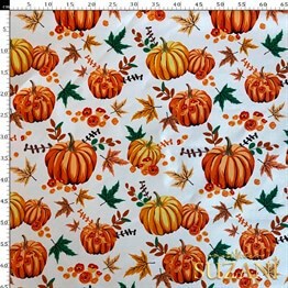 Beyaz Zemin Balkabağı Desenli Dijital Baskılı Kumaş