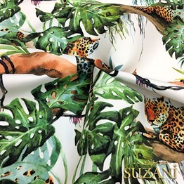 Beyaz Zemin Botanik Leopar Desenli Kumaş