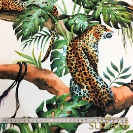 Beyaz Zemin Botanik Leopar Desenli Kumaş