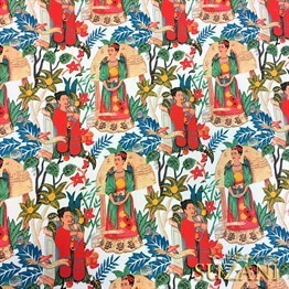 Beyaz Zemin Frida Kahlo Desenli Kumaş