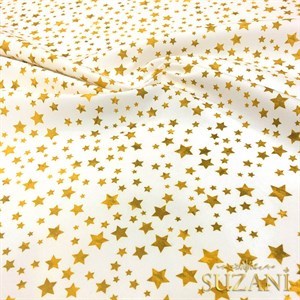 Beyaz Zemin Gold Yıldız Desenli Dijital Baskılı Kumaş