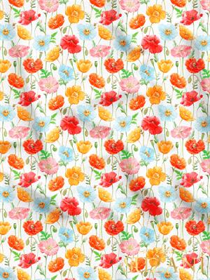 Beyaz Zemin Gelincik Çiçek Desenli Dijital Baskılı Kumaş