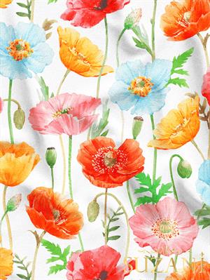 Beyaz Zemin Gelincik Çiçek Desenli Dijital Baskılı Kumaş