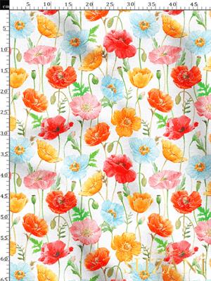 Beyaz Zemin Gelincik Çiçek Desenli Dijital Baskılı Kumaş