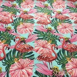 Büyük Çiçekli Flamingo Desenli Kumaş