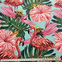 Büyük Çiçekli Flamingo Desenli Kumaş