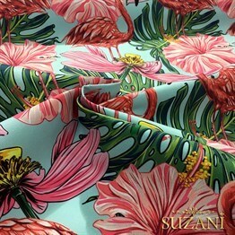 Büyük Çiçekli Flamingo Desenli Kumaş