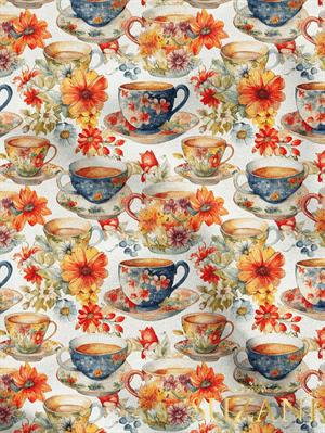 Çiçekli Fincan Desenli Dijital Baskılı Kumaş