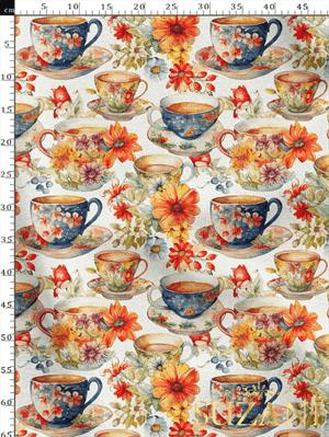 Çiçekli Fincan Desenli Dijital Baskılı Kumaş