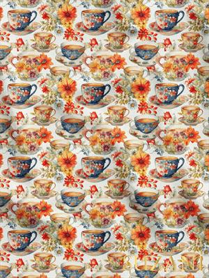 Çiçekli Fincan Desenli Dijital Baskılı Kumaş