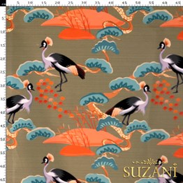 Çizgi Zeminli Turna Desenli Dijital Baskılı Kumaş