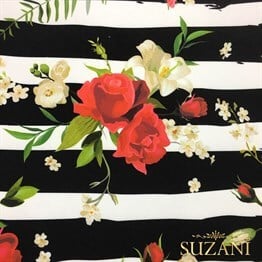 Çizgiler Üzeri Çiçek Buketi Desenli Kumaş