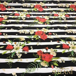 Çizgiler Üzeri Çiçek Buketi Desenli Kumaş