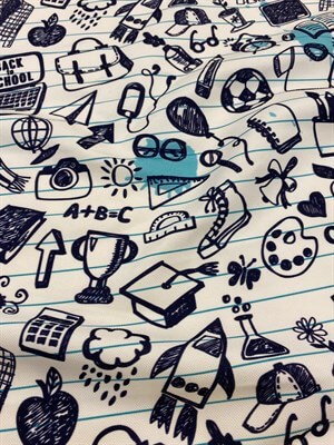 Çizgili Defter Zeminli Lacivert Renkli Şekiller Desenli Dijital Baskılı Kumaş