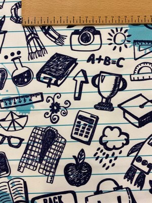 Çizgili Defter Zeminli Lacivert Renkli Şekiller Desenli Dijital Baskılı Kumaş