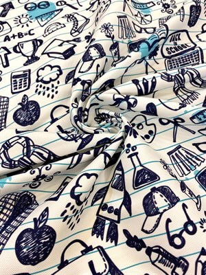 Çizgili Defter Zeminli Lacivert Renkli Şekiller Desenli Dijital Baskılı Kumaş