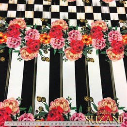 Damalı Çiçekli Dikey Çizgili Kumaş