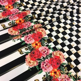 Damalı Çiçekli Yatay Çizgili Kumaş