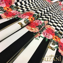 Damalı Çiçekli Yatay Çizgili Kumaş