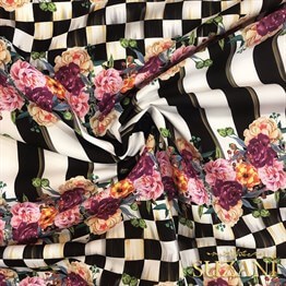 Damalı Mor Çiçekli Dikey Çizgili Kumaş