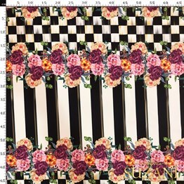 Damalı Mor Çiçekli Dikey Çizgili Kumaş