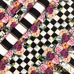 Damalı Mor Çiçekli Dikey Çizgili Kumaş