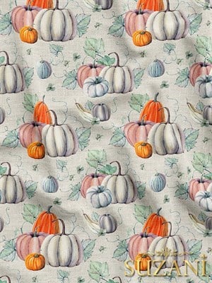 Doku Efektli Zemin Üzeri Balkabağı Desenli Dijital Baskılı Kumaş