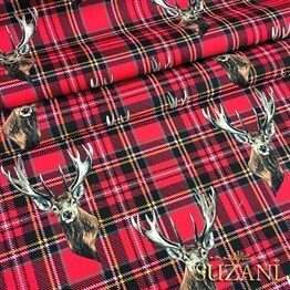 Kırmızı Ekose Üzeri Geyik Desenli Kumaş