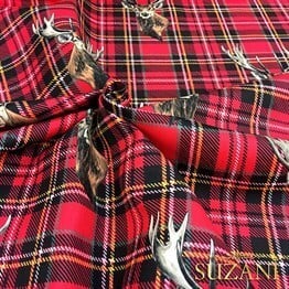 Kırmızı Ekose Üzeri Geyik Desenli Kumaş