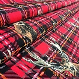 Kırmızı Ekose Üzeri Geyik Desenli Kumaş