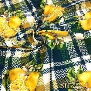 Ekose Üzeri Limon Desenli Dijital Baskılı Kumaş