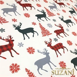 Ekoseli Geyik Yılbaşı Desenli Kumaş
