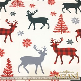 Ekoseli Geyik Yılbaşı Desenli Kumaş