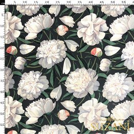 Füme Zemin Beyaz Şakayık Desenli Kumaş