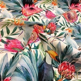 Fuşya Çiçek ve Tukan Desenli Kumaş