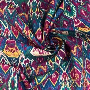 Fuşya Mavi İkat Desenli Dijital Baskılı Kumaş