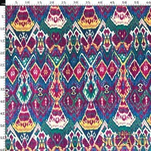 Fuşya Mavi İkat Desenli Dijital Baskılı Kumaş