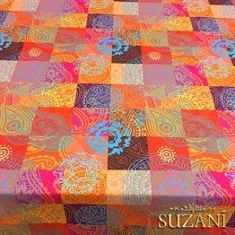 Fuşya Portakal Rengi Patchwork Desenli Kumaş