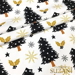 Gold Siyah Çam Ağacı Yılbaşı Desenli Kumaş