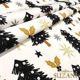 Gold Siyah Çam Ağacı Yılbaşı Desenli Kumaş